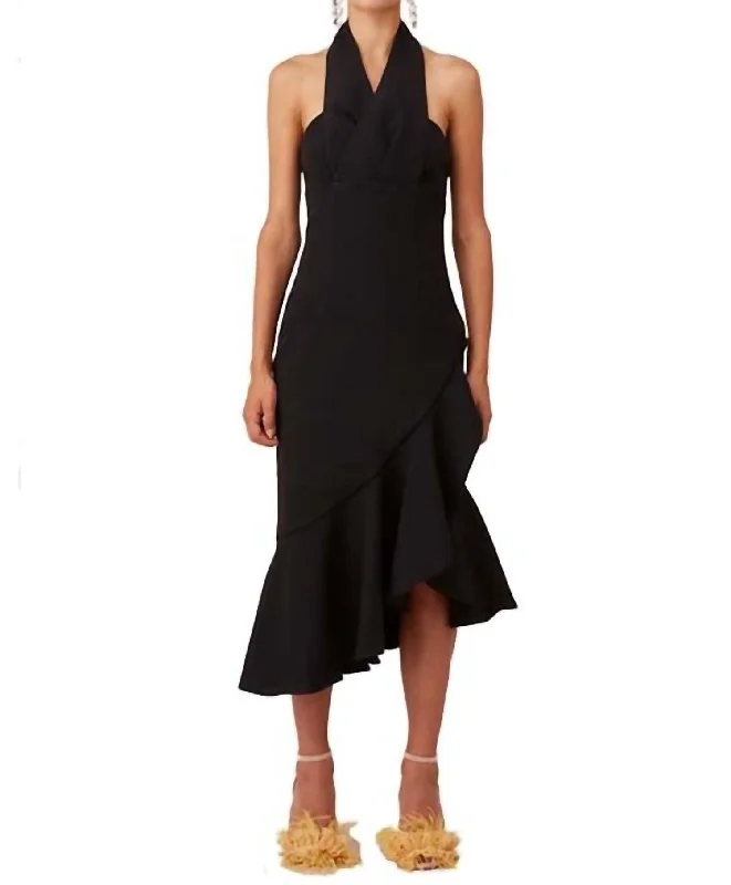 Step Ahead, Lead The Trend Graceful Drape Delight Midi Dress in Black