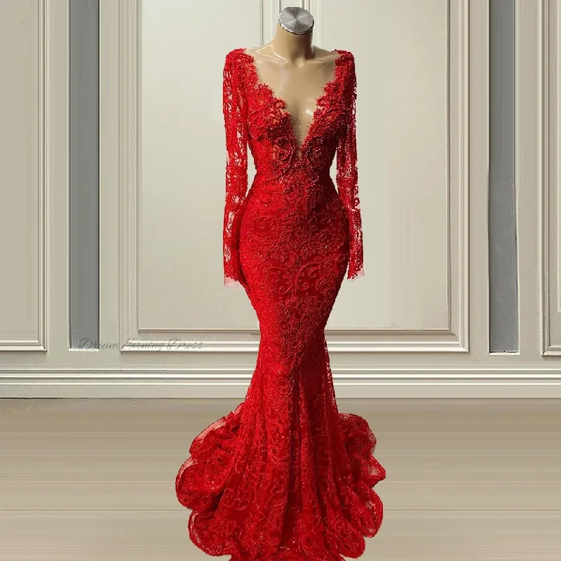 Special Offer Feminine Elegance Dream Evening Dress Elegant Deep V-Neck Long Sleeves Buffle Red Porm Dresses Mermaid Applique Beaded Party Gowns For Women