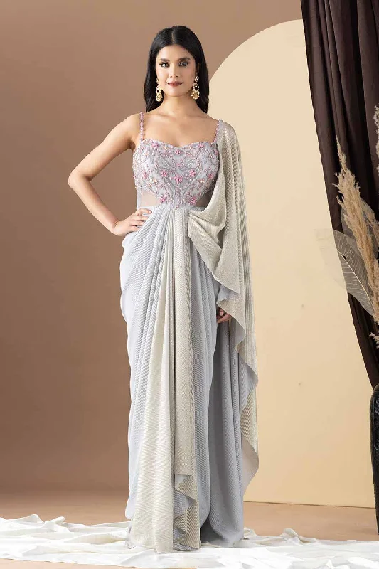 Casual Yet Chic Sales Alluring Design Grey Embroidered Crinkled Pre-Draped Saree Gown