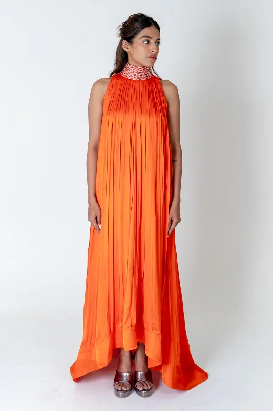 Gift Ideas Elegant Ensemble Orange-Pink Braided Neck Gathered Gown