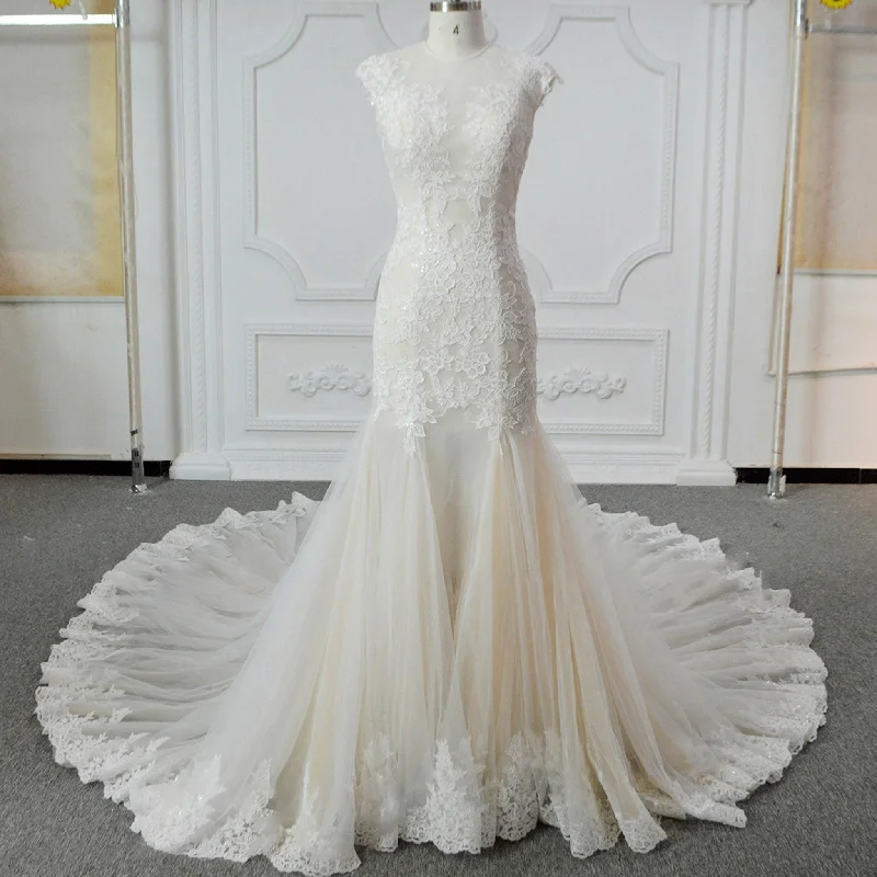 Hot Sale Weekend Special Sheer Turtle O-neck Capped Bridal Gown Trumpet Wedding Dress