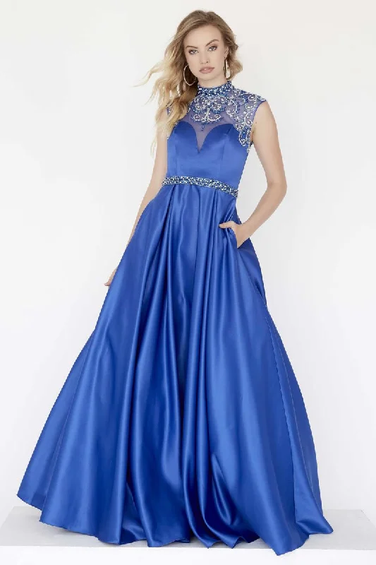 End Of Season Sale Big Savings on Minimalist Office Styles Jolene 18016 Size 16 Royal Long Satin A Line Ballgown Prom Dress Sheer High Neck Pockets