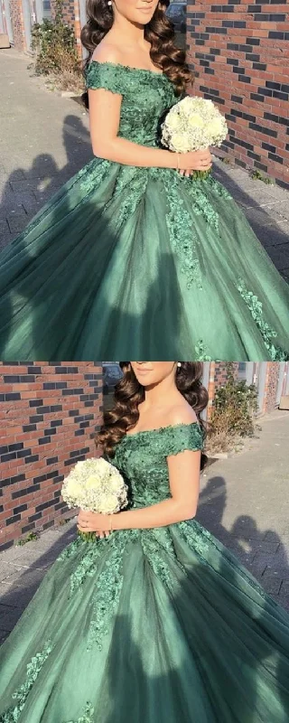 Fresh Styles, Fresh Deals Casual Elegance green ball gown prom dresses lace appliques off the shoulder S13881