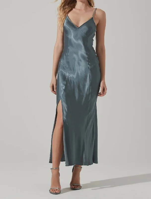 Explore What'S New Rustic Countryside Charm Look Kathleen Rhinestone Trim Midi Dress In Slate Blue