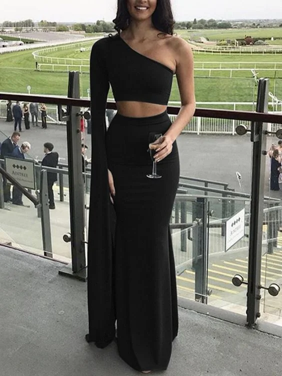 Elegant Fashion Offers Big Savings on Minimalist Office Styles Black Asymmetric Shoulder Cut Out Backless Two Piece Mermaid Prom Evening Party Maxi Dress  cg8182