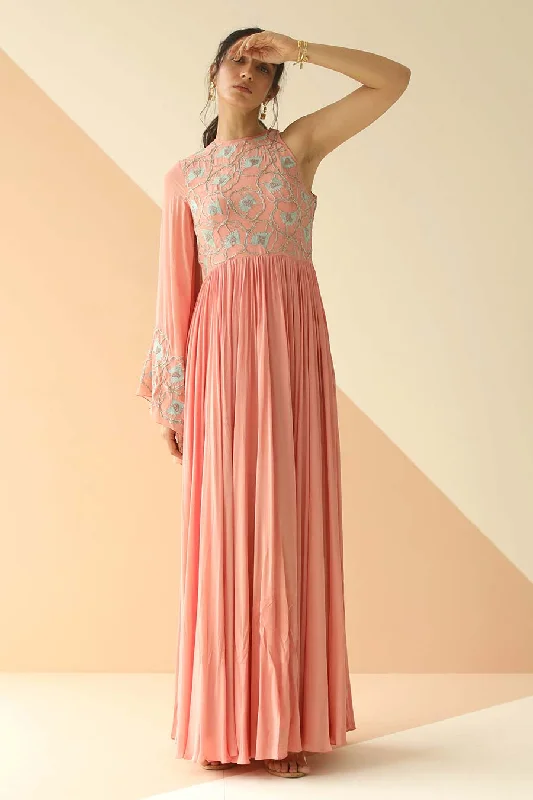 Flash Sale Now Minimalist Chic Rose Pink Embroidered One-Sleeve Gown Dress