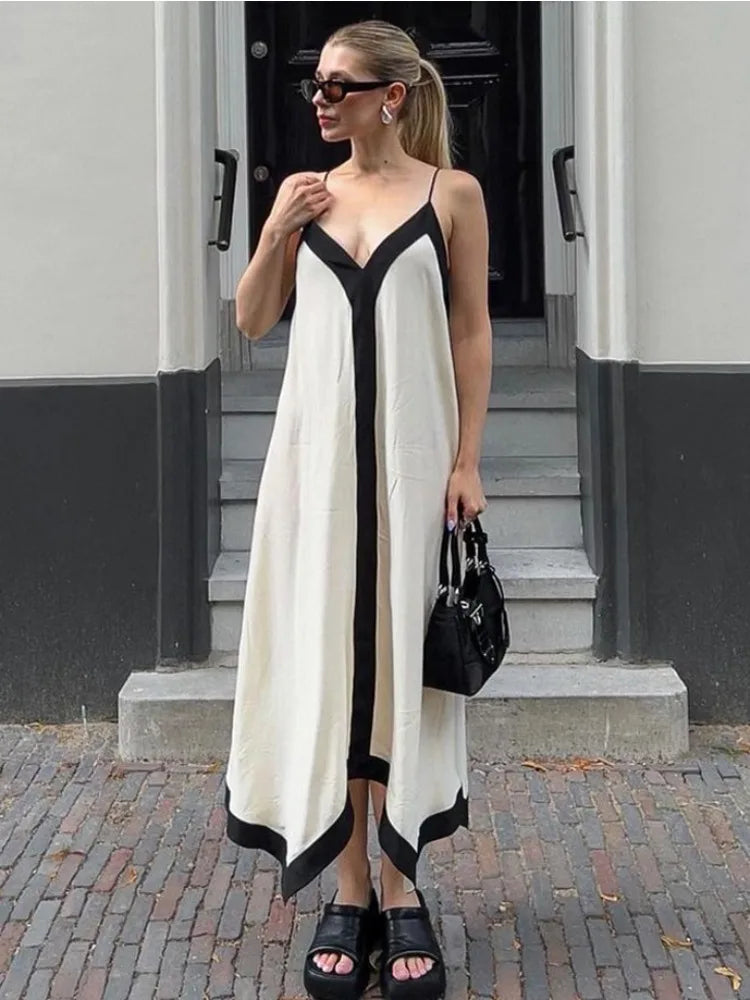 Weekend Exclusive Minimalist Chic Patchwork Backless Halter Women Sexy V-Neck Elegant Summer 2024 Gown Ladies Slim Casual Dress