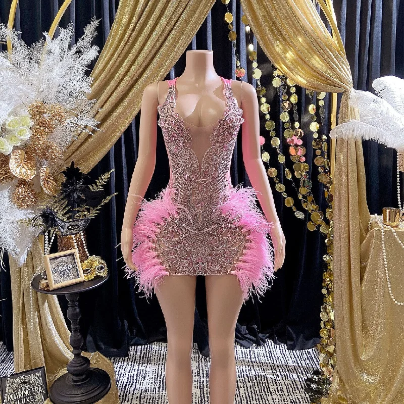 Holiday Glam Vintage Look Luxury Pink Rhinestone Appliqué Evening Dress - Handcrafted Couture Gown with Crystals - Birthday & Prom Dress in Tulle and Mesh Fabric