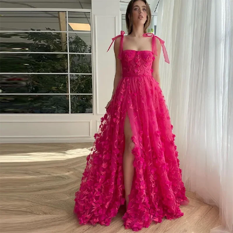 Relaxed Style Refined Simplicity Teen's Tulle A-line Prom Dresses Square Collar Bow Spaghetti Straps Backless High Split Party Dress 3D Appliques Homecoming Gown