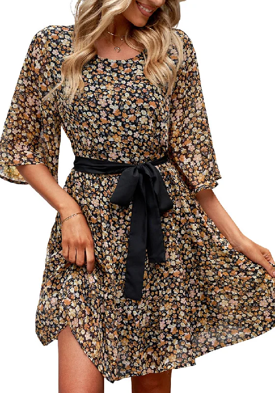 Effortless Style, Endless Impact Nordic Minimalist Home Look Black Floral Floral Babydoll Dress for Women Chiffon Cute Flowy Summer Beach Short Dresses with Pockets