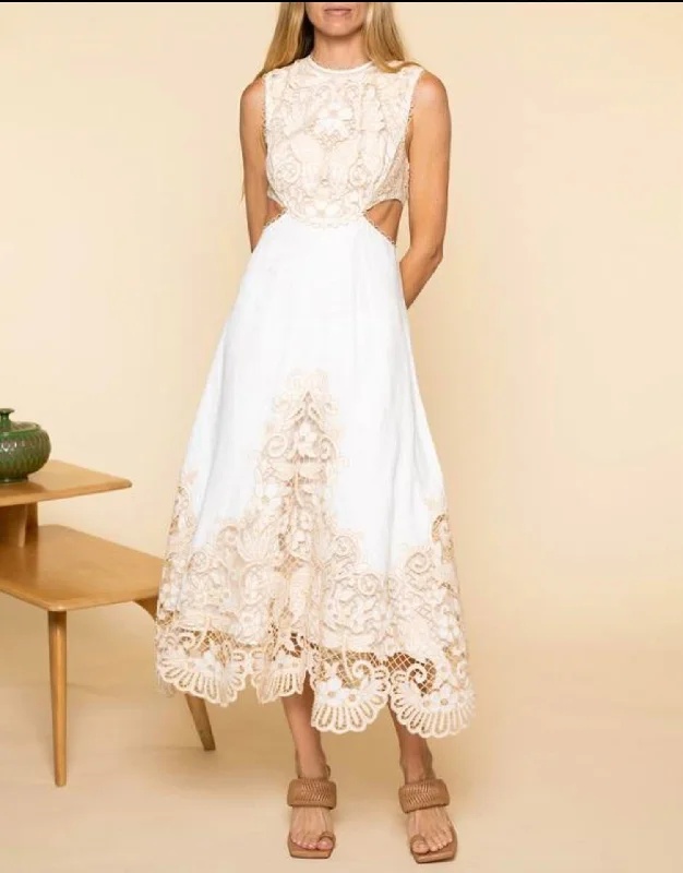 Affordable Trendy Fashion Elevated Style Jeannie Embroidered Yoke Midi Dress in Ivory