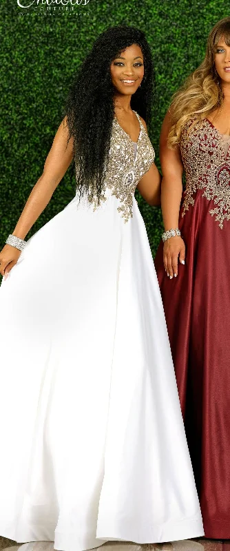 Fashion Forward Chic Sophistication Envious Couture E1512 Size 14 Ivory Gold Prom Dress Long Satin Plunging Neck A Line Gown