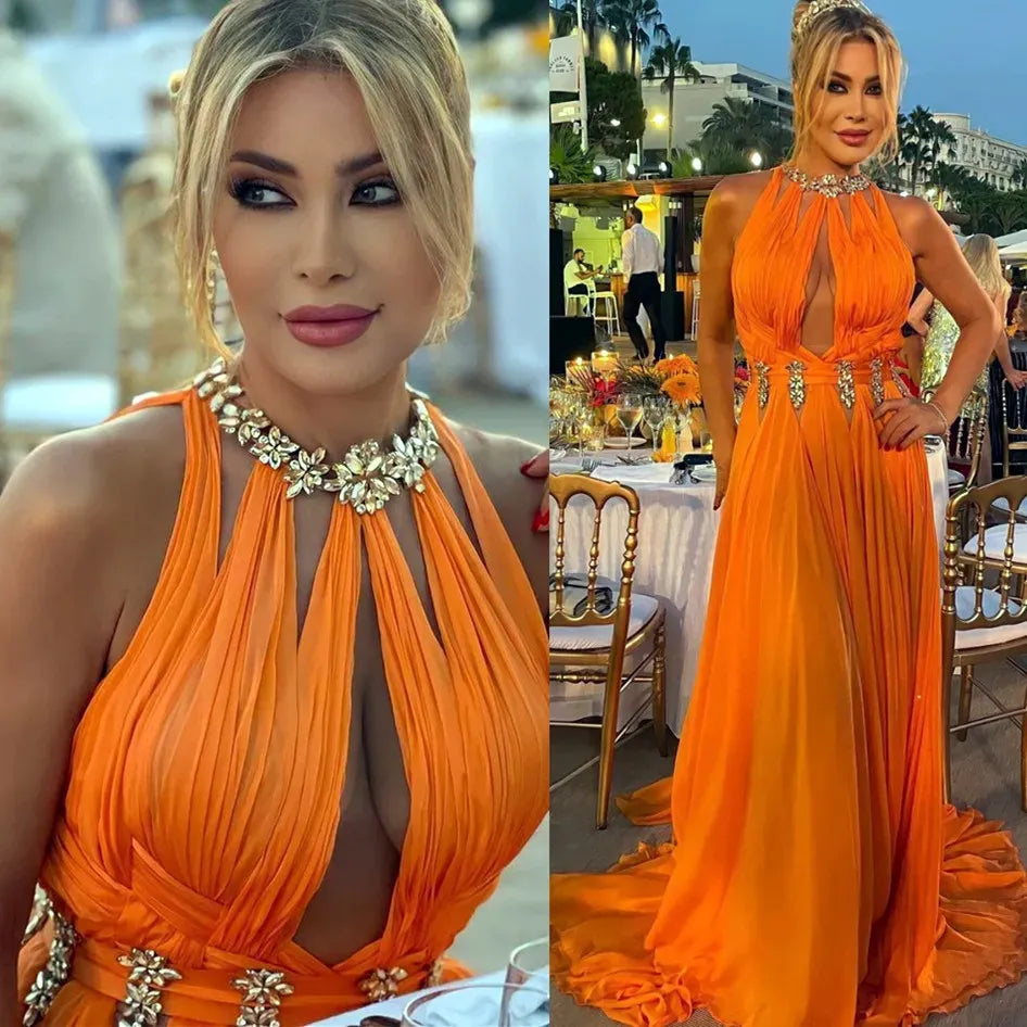 Inspired By You, Designed For You Limited - Stock Sexy Orange Chiffon A Line Prom Party Dresses For Women High Neck With Sparkly Beaded Floor Length Formal Birthday Evening Gowns