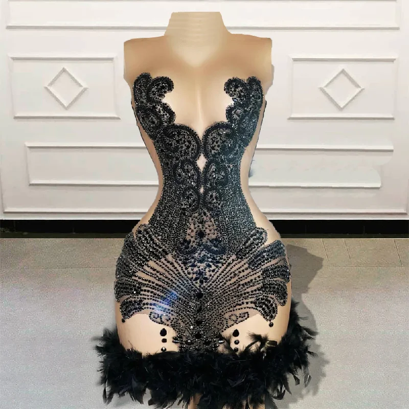 Affordable Luxury Fashion Vintage Look Sexy See Through Short Prom Dress for Black Girl Luxury Beads Diamond Feathers Women Mini Cocktail Gowns for Birthday Party