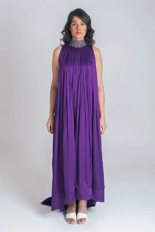 New Styles Just In Classic Appeal Purple-Green Braided Neck Gathered Gown