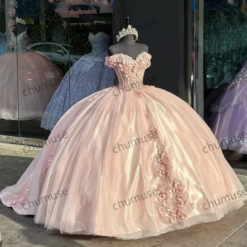 Flash Sale Starts Dreamy Draping Pink Quinceanera Dresses 3D Flowers Appliques Birthday Party Prom Gowns