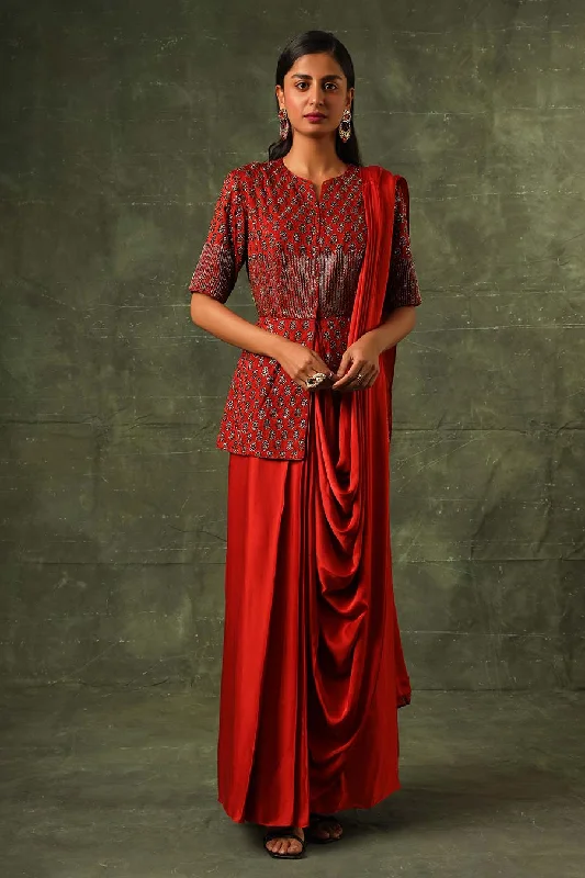 Shop Sales Rustic Countryside Charm Look Red Ajrakh Embroidered Saree Gown