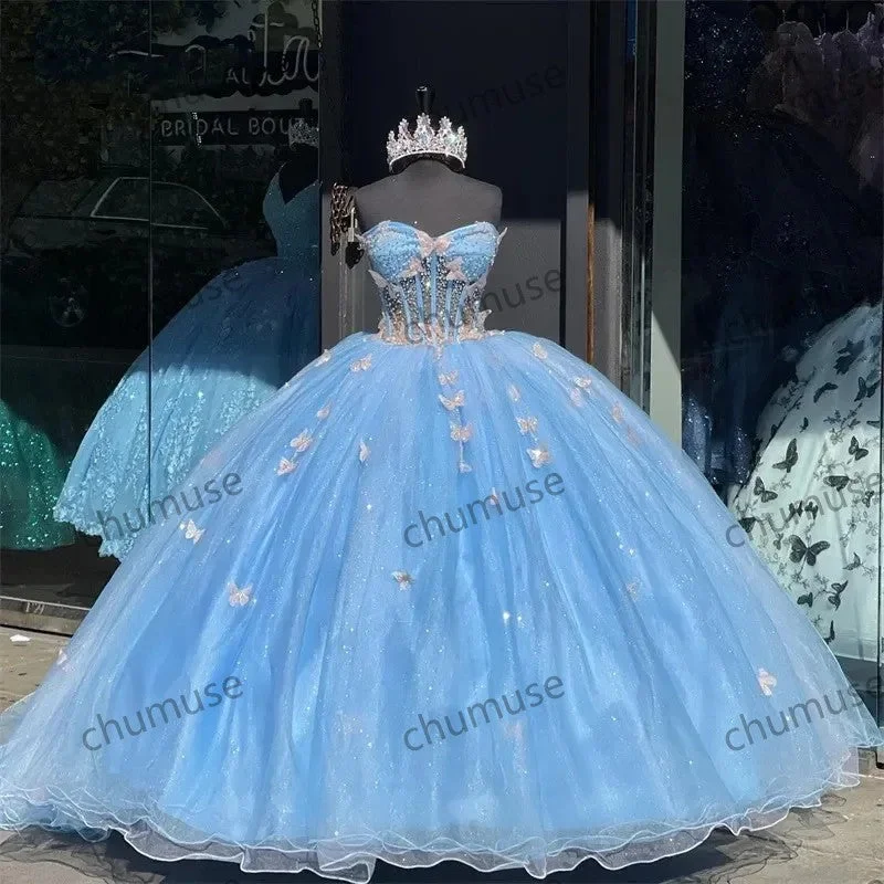 Buy More, Save More Effortless Sophistication Blue Quinceanera Dress Butterfly Appliques Beads Crystal Birthday Prom Sweet 16 Gown