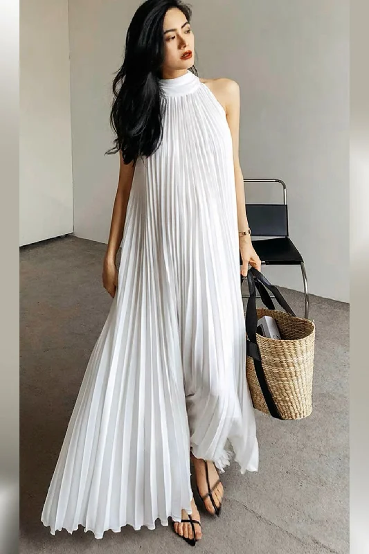 Premium Fashion Everyday Glamour Sleeveless Halter Pleated Long Dress