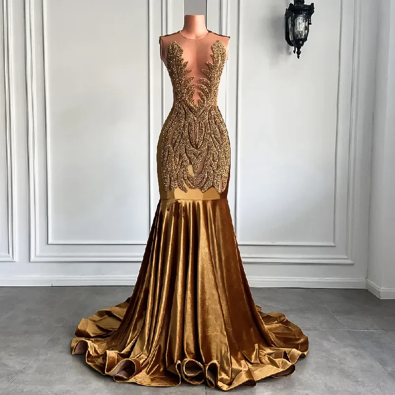 Fashion-Forward Offers Polished Finish Long Gold Prom Dresses Real Picture Sheer Top Luxury Sparkly Diamond Velvet Black Girl Mermaid Prom Party Gala Gowns