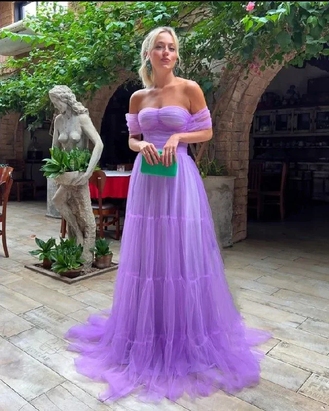 Hot Items Seasonal Trend A Line Purple Off the Shoulder Formal Evening Gowns Tulle Long Prom Dresses