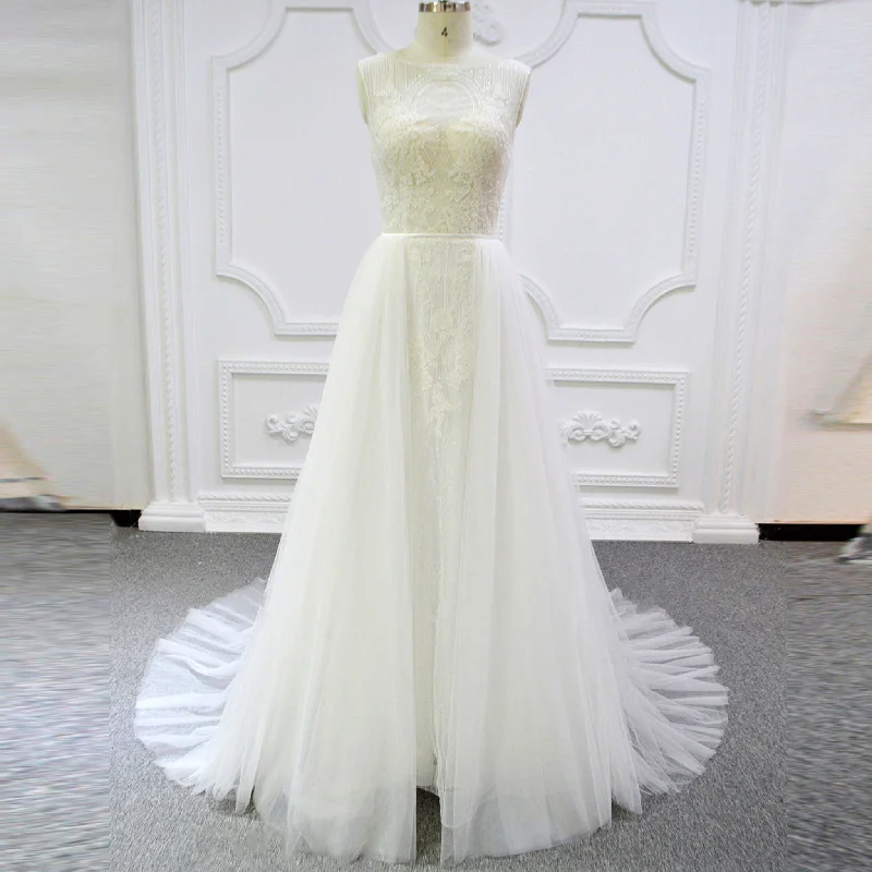 Unbeatable Prices Minimalist Chic 2 in 1 Detachable Skirt Sheer Boat Neck Bridal Wedding Dresses