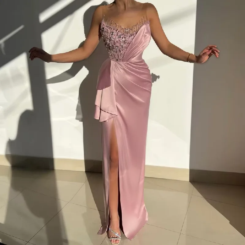 Elegant Style Chic Sophistication Pink Evening Dresses Long Luxury Sleeveless Side Split Sexy Women Prom Gowns O-Neck Bead Mermaid Elegant Formal Party Dress