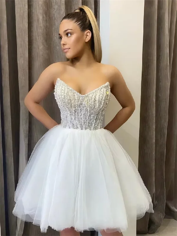 Stay Ahead In Style Classic Timeless Elegant Style White Ball Gown Prom Dress Sexy Mini/short Sweetheart Pearls Tulle Slim Elegant Women's Cocktail Homecoming Dress