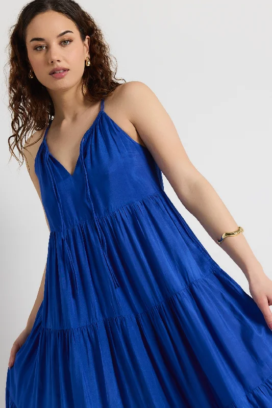 Holiday Glam Classic Timeless Elegant Style Affair Royal Blue Strappy Tiered Maxi Dress