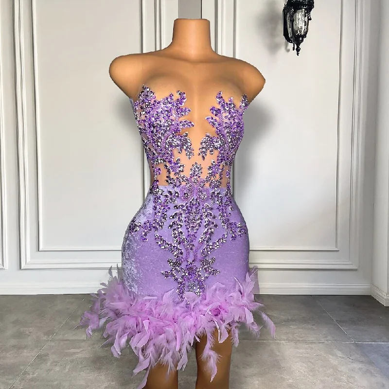 Special Offers Modern Glamour Gorgeous Sexy Sheer Mesh Beaded Embroidery Women Birthday Party Gowns Feather Lavender Black Girl Short Prom Dresses