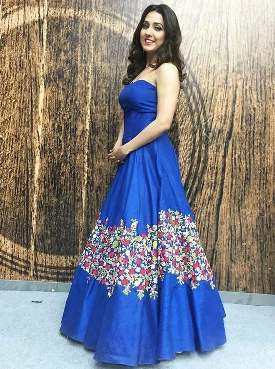 Casual Chic Disco - Inspired Retro Dance Look A-Line Strapless Floor Length Blue Floral Satin Prom Dress   cg15539