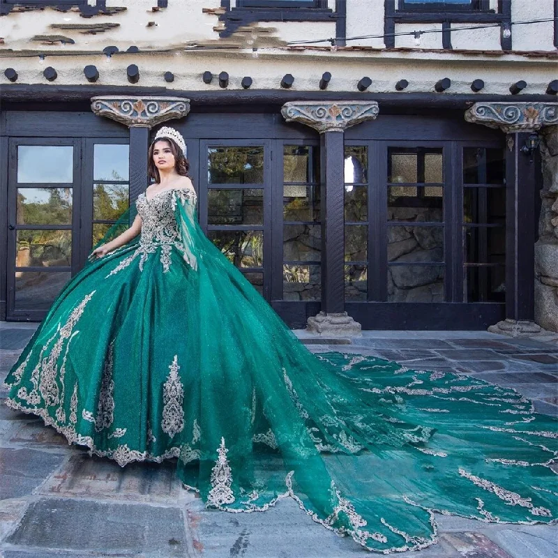 Discover Promotions Coastal Beach - Inspired Style Hunter Green Off The Shoulder Quinceanera Dresses Appliques Birthday Party Gowns With Cape Pageant Graduation Sweet 16