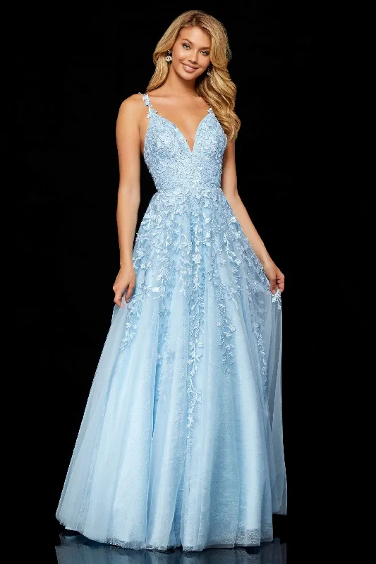 Don't Miss Out Feminine Soft - Hued Look Sherri Hill - 52342 Beaded Lace Deep V-neck Long A-line Dress