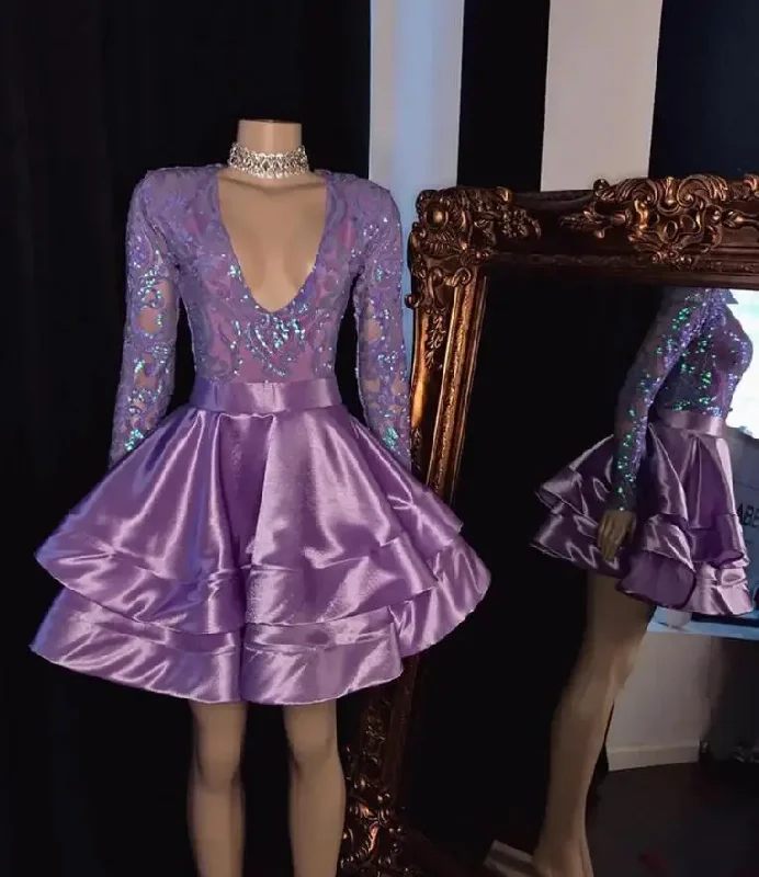 Durable Fashion Picks Limited - Edition Drops Purple Short Africa Black Girl Prom Dress Glitter Sequin Top Long Sleeve A-line Mini evening homecoming dress birthday gown