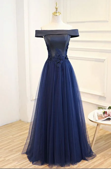 Save Big Grab Romantic Date - Night Styles Now Navy Blue Off Shoulder Satin and Tulle Long Prom Dress, Blue Party Dress, Formal Dress with Floral Lace cg4814