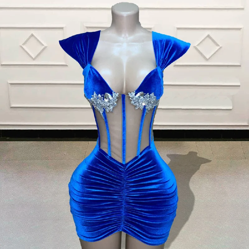 Latest Trends Dreamy Draping Custom Made Velvet Short Prom Dresses for Birthday Party Sexy See Through Beaded Crystal Blue Mini Cocktail Gowns