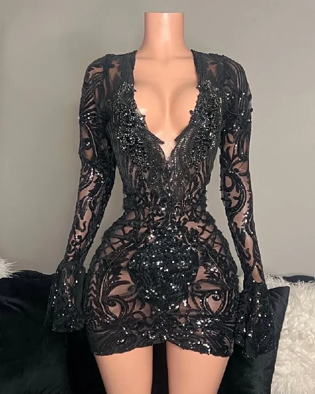 Refined Fashion Sale Seasonal Trend Sexy Little Black Prom Dresses Long Sleeves Sequin Fitted Birthday Party Gowns Beading Short Vestidos De Gala Para