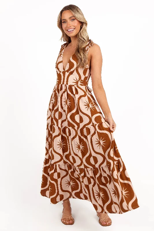 Holiday Glam Timeless Elegant Zora Maxi Dress - Tan Print