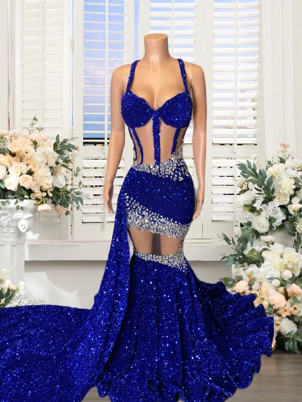 Chic Trends Unveiled Disco - Inspired Retro Dance Look Royal Blue Mermaid Prom Dresses Sparkly Sequin Long for Black Women Corset Illusion Crystal Formal Evening Gowns