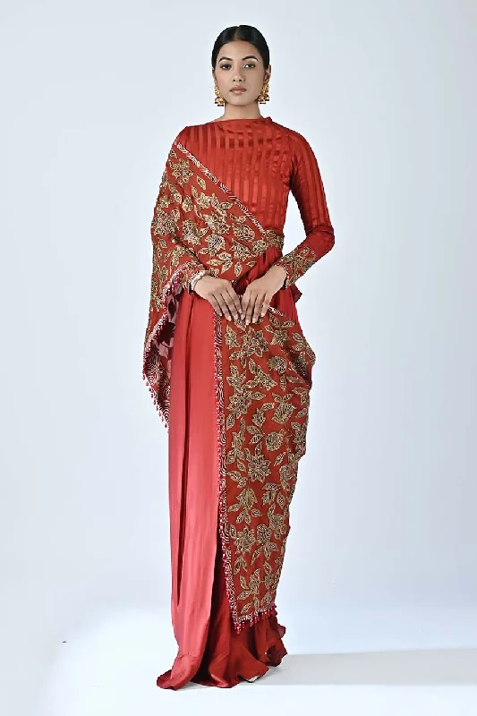 Fashionable Comfort Promotions Playful Elegance Red Rebecca Ajrakh Gown Saree