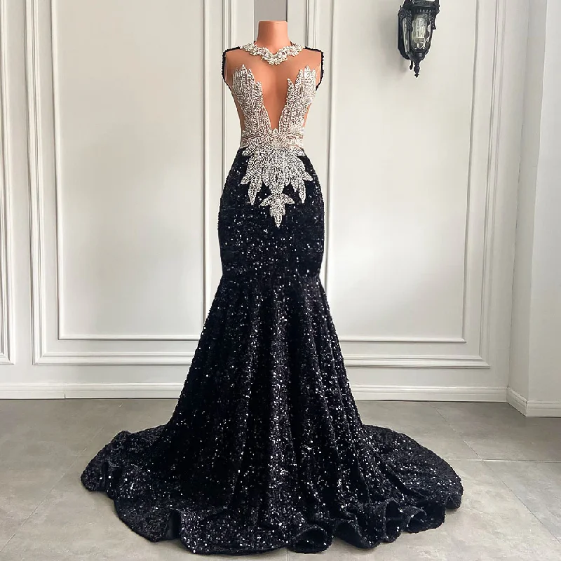 Edgy Fashion Deals Feminine Elegant Long Black Prom Dresses Sexy Mermaid Style Luxury Sparkly Beaded Diamond Sequined African Girl Prom Gala Formal Gowns