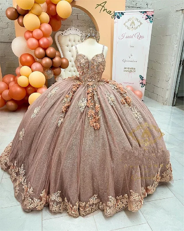 Exclusive Sale Boho - Chic Festival - Ready Style Coffee Beaded Quinceanera Dresses Sexy Spaghetti Neck Appliqued 3D Floral Sweet 16 Princess Ball Gown Pageant Gowns vestido SA1071