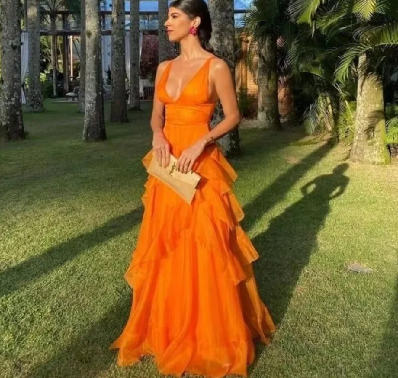 Save Big Luxe Layering Sexy V-neck Prom Dressess A-Line Tiered Cocktail Evening Dress Orange Ladies Formal Sleeveless Gown