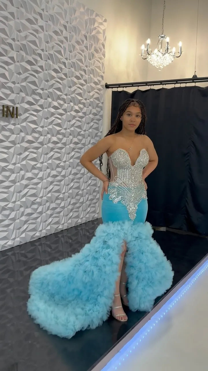 Forward Trendsetter Graceful Movement Mermaid Blue Crystal Luxury Prom Dresses Long for Black Girl Birthday Party Beading Diamond Ruffle Tulle Formal Evening Gowns