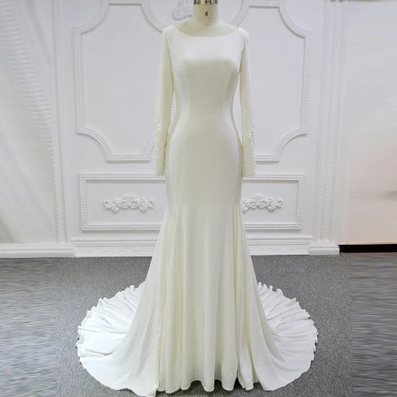 You'Ll Love Us Because Effortless Sophistication High Boat Neckline Satin Long Sleeve Sheath Wedding Dress