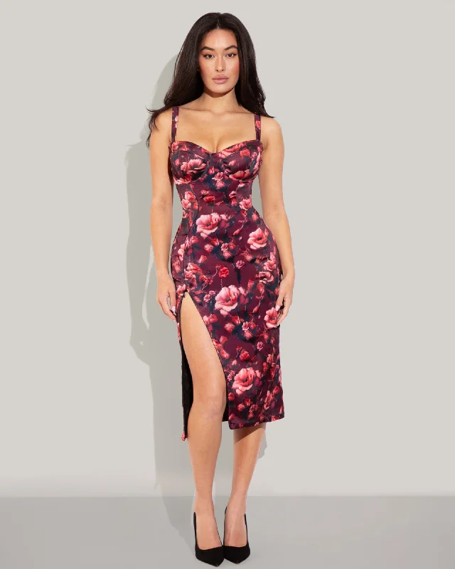 Sustainable Fashion Extravaganza Sophisticated Cut Seamed Lushy Satin Pencil Dress - Cranberry Floral