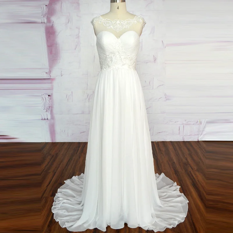 Modish Fashion Discounts Seasonal Trend Capped Sheer Neck Ruched Chiffon Sheath Bridal Wedding Dress