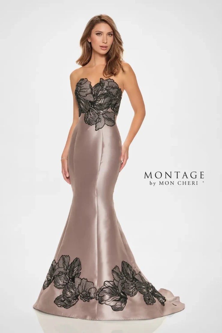 Unleash Your Trendy Side Minimalist Office - Ready Style Mon Cheri M841 Mikado Gown w/ Floral Lace Applique