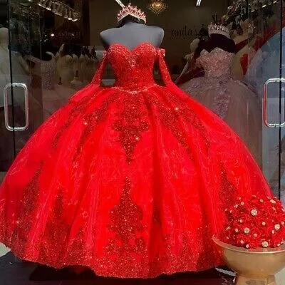 Embrace New Fashion Limited - Stock Red Organza Sweet 16 Quinceanera Dresses Sequins Applique Beaded Sweetheart Ball Gown S26634