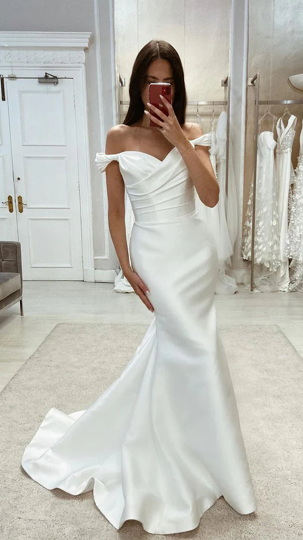 Cool Prices Bold Patterns Unique satin flared off shoulder pleated train beach wedding dress